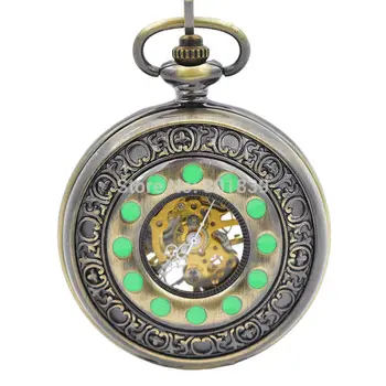 

Retro BronzeTone Green Dot Hollow Case Mechanical Pocket Watch w/Chain Men Women Watch Gift Black Dial