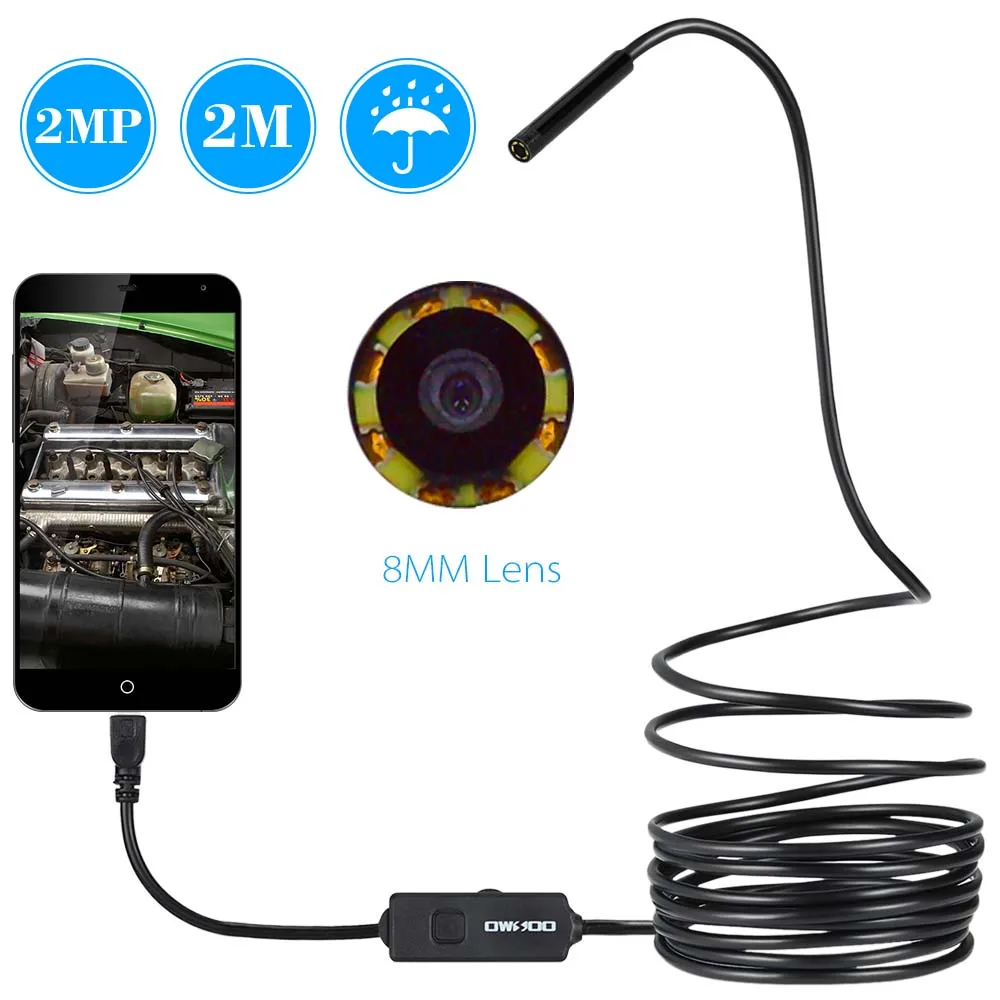 

OWSOO 6 LED 2MP Borescope USB Endoscope 8mm 2M Probe Waterproof Inspection Borescope USB Wire Snake Tube Camera OTG Compatible
