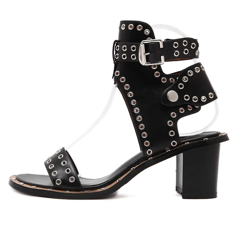 

Womens Chunky Heel Rivets Studs Sandals Open Toe Chic Shoes Ankle Belt Buckle Slingbacks Rome Boho 2Colors Gladiator A924
