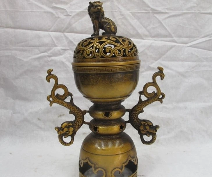 

12 China Classical Copper Bronze Two Dragon Ear Foo Dog Lion incense burner a 0518