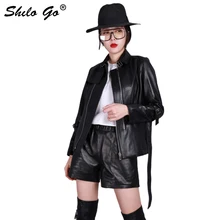 Шило GO кожаная куртка Женская Весенняя мода Овчина натуральная кожа пальто металлический воротник с лацканами на молнии ремень тонкий черный пальто