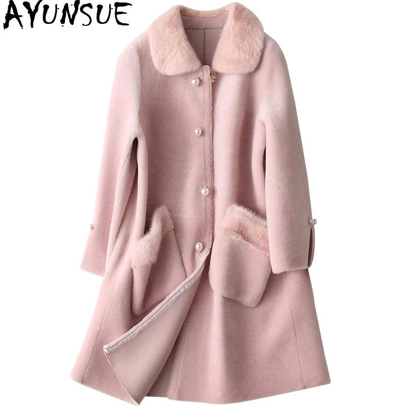 

AYUNSUE Real Wool Women's Fur Coat Sheep Shearling Coats Natural Mink Fur Collar Winter Jackets for Women PU Liner 47058 WYQ1548