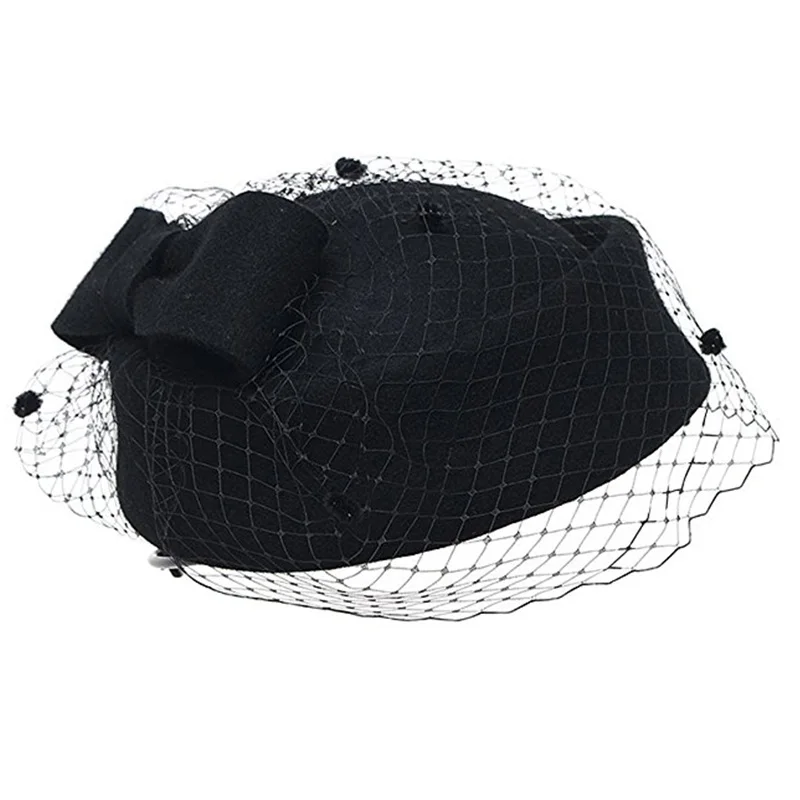 Классическая шерстяная фетровая шляпа с бантиком и вуалью для женщин, свадебная шляпа, женские вечерние головные уборы в стиле Дерби черного и белого цвета