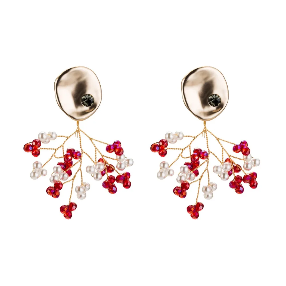 

LUBOV Golden Branch Crystal Pearl Flower Stud Earrings Rhinestone Decoration Silver Color Piercing Earrings Women Party Jewelry