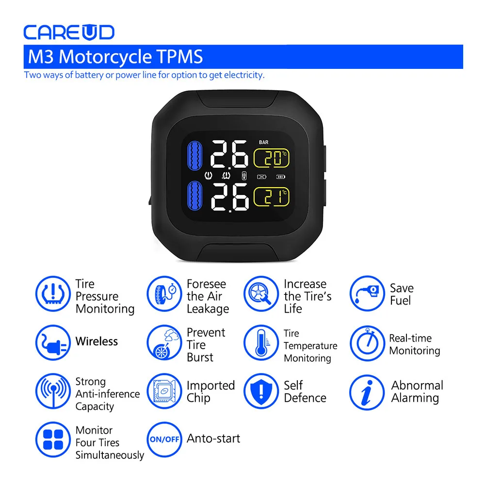 

CAREUD Wireless Motorcycle TPMS Tire Pressure Monitoring System Motor Tyre Aotu Alarm 2 External Sensor For BMW Ford Audi VW