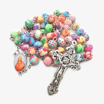 

New Long Cross Pendant Colours Polymer Clay Beads Rosary Necklace European Fashion Catholic Jewelry