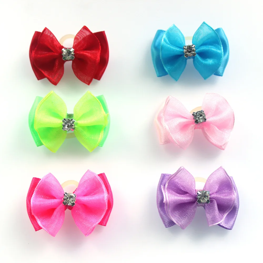 100pcs Handmade Pet Dog Hair Bows Rhinestone Variety Lace Ribbon Dog Bow Dogs Grooming Bows