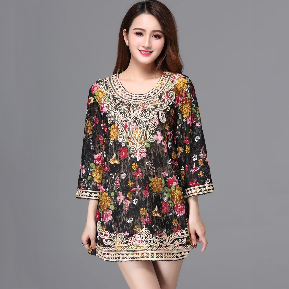 

Summer Black Floral Print Lace Shirt Female Big Size 3/4 Sleeve Loose Long Embellished Cord Sequin Shirt Blouse Tops