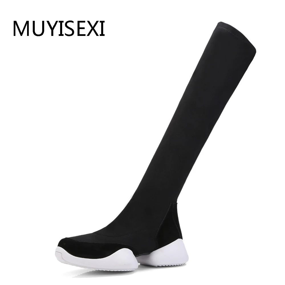 Kopen Echt Leer + Stretch Stof Elastische Laarzen Buis Winter Vrouwen Laarzen Mode Lage hakken Knie Hoge Laarzen Zwart KYL01 MUYISEXI