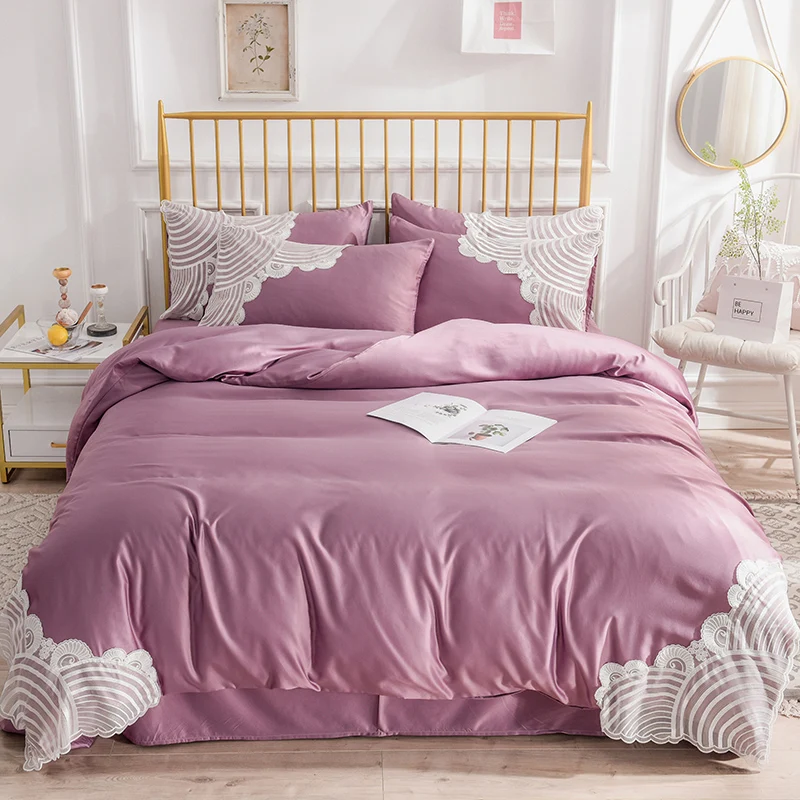 

Pink Blue Yellow Gray White Silky Silk Girl Bedding sets Lace Duvet Cover Bed Sheet Bed Linen Pillowcases Queen King Size 4pcs