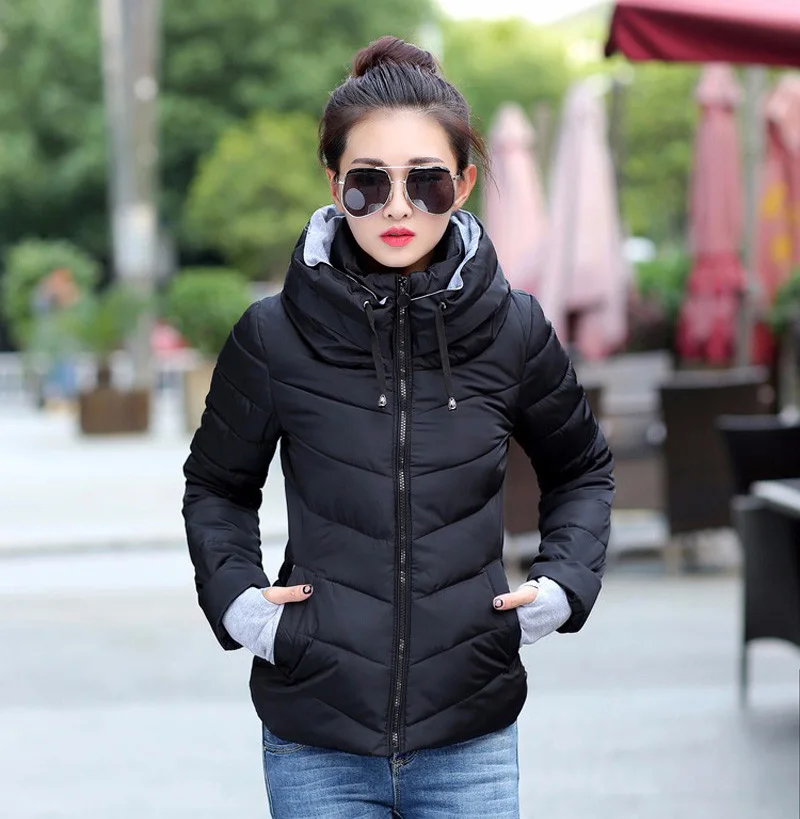 2019 hooded women winter jacket short cotton padded womens coat autumn casaco feminino inverno solid color parka stand collar