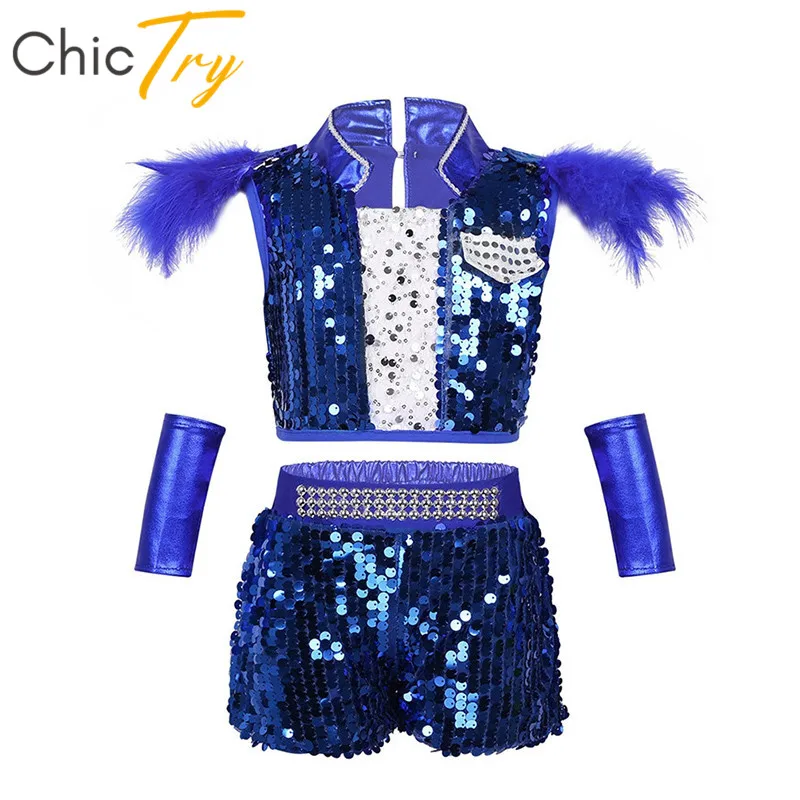 

ChicTry Unisex Kids Teens Hip-hop Jazz Dance Costumes Set Boys Girls Shiny Sequins Crop Top with Shorts Stage Street Dancing Set