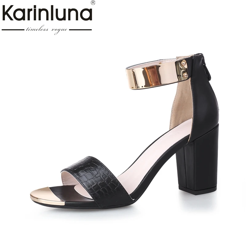 

KARINLUNA Top Quality 2018 Fashion Large Size 33-43 Zip Up Open Toe Pink Women Shoes Woman Square High Heels Woman Sandals