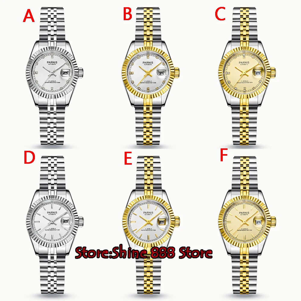 26mm Parnis Women's Watch Luxury Mechanical Ladies Watches Royal Rhinestones Stainless Steel