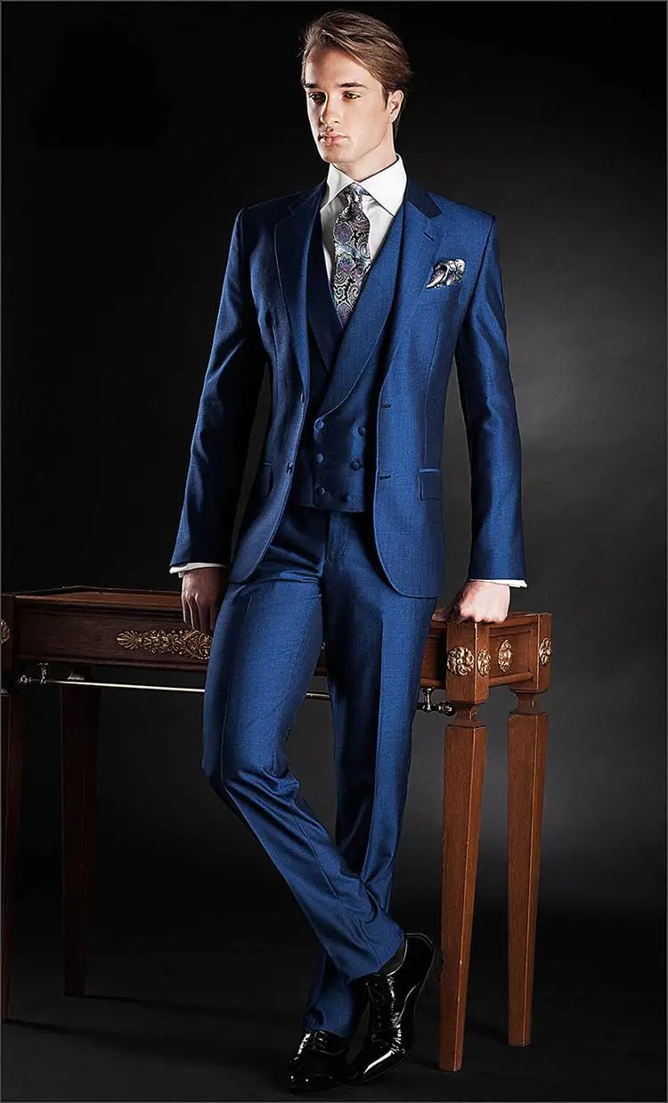 Silm Fits Blue Groom Tuxedos Groomsmen Men's Wedding Prom ...