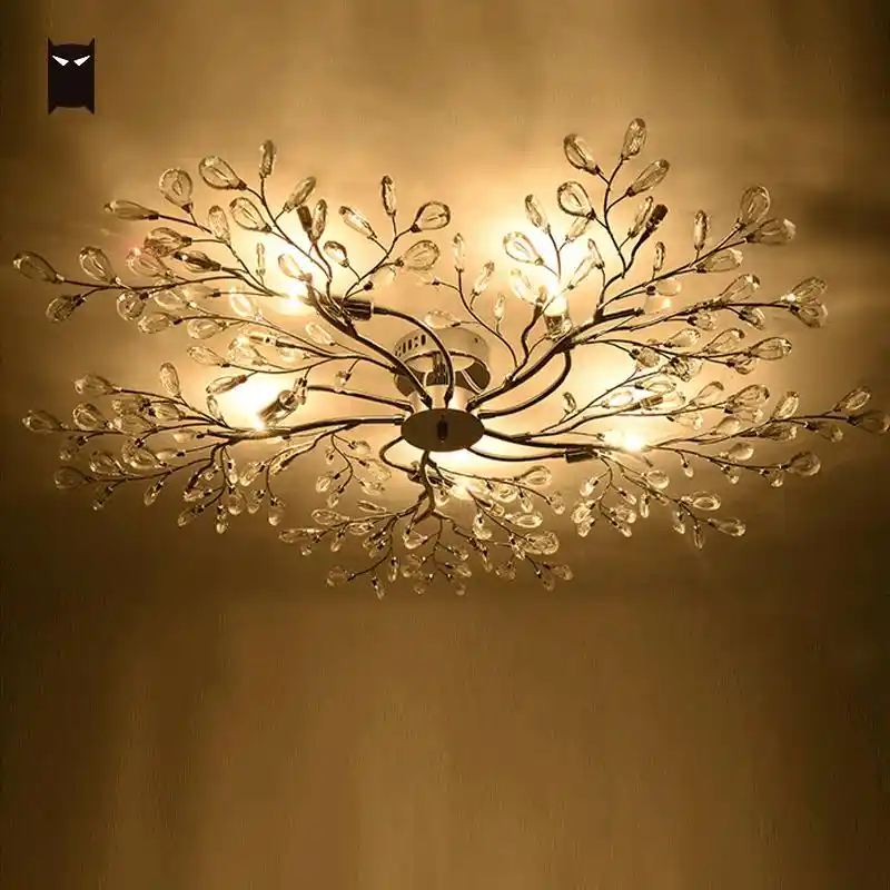 Big Silver Iron K9 Crystal Chandelier Fixture Modern Nordic Tree