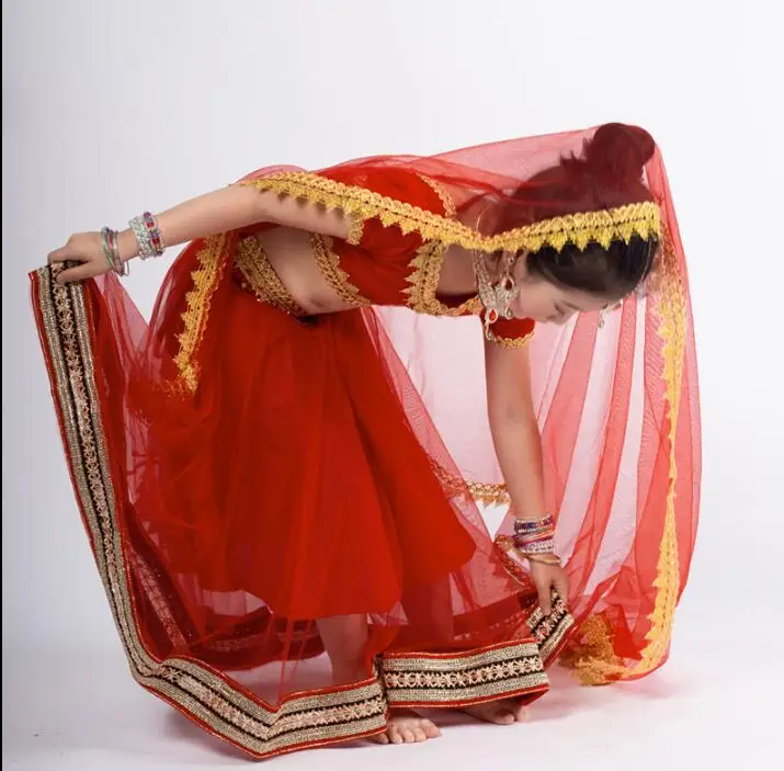 Индийский сари, традиционный Детский костюм для танца живота, хлопковый топ для выступлений+ вуаль+ юбка