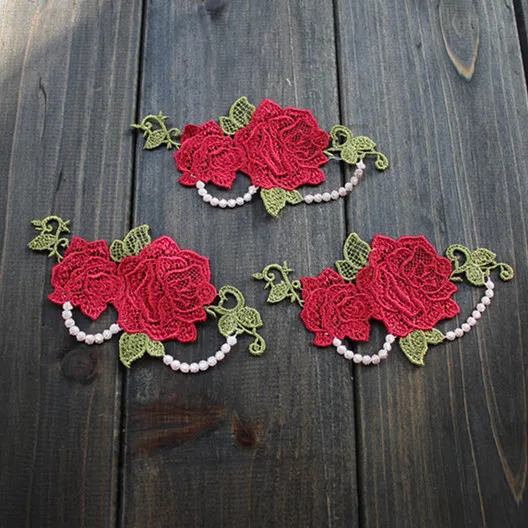 

Size-12*6cm(5pcs/lot) Free Shipping Sew-on Cute Red Venise Lace Applique Lace Patch for Garment Decoration,Water Soluble Lace