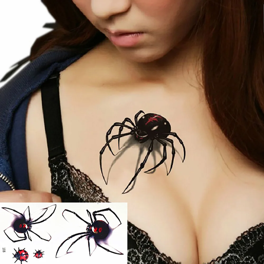 

TOMTOSH 3d waterproof temporary tattoo stickers Black Spider designs Flash Temporary Tatoo fake 1sheet small neck tattoos Body A