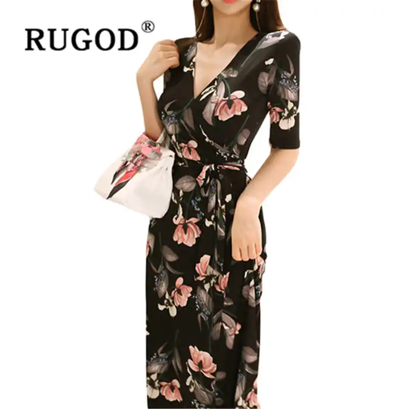 RUGOD 2019 новое летнее платье с цветочным принтом с высокой талией тонкое женское платье с v-образным вырезом Сплит винтажное платье