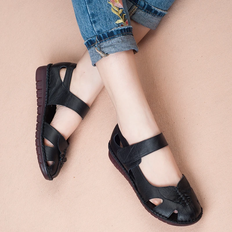 GKTINOO Women's Sandals 2019 Summer Genuine Leather Handmade Ladies Shoe Leather Sandals Women Flats Retro Style Mother Shoes