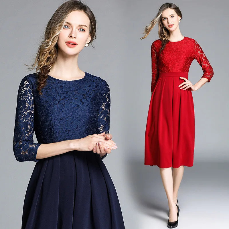 

2019 spring Autumn Lace Dress Work Casual Slim Fashion Sexy Hollow Out Blue Red Dresses Women A-line Vintage Vestidos