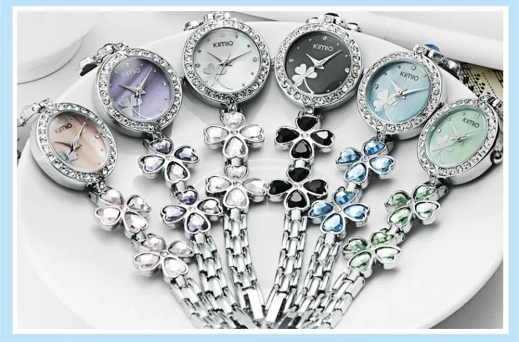 KIMIO женские часы Lucky Clover Love с кристаллами и ремешком, женские часы с австрийскими бурами,, роскошные брендовые кварцевые часы, женские часы под платье