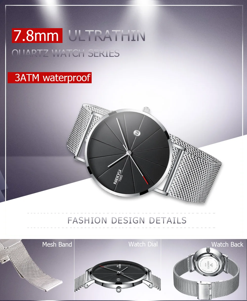 NIBOSI watch men black quartz wristwatches stainless steel mesh brand  watches men ultra thin quartz relogio masculino dourado (2)