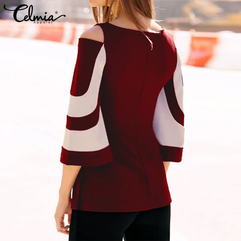 Celmia для женщин топы с открытыми плечами Blusas Feniminas осень г. блузки для малышек черный, белый цвет Colorblock колокол рукавом рубашки домашние мужчи