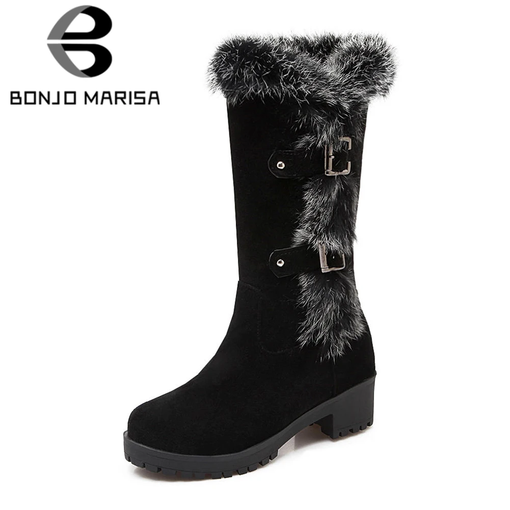 

BONJOMARISA Fashion Elegant Flock mid-calf Platform Boots Women Winter 2019 Warm Fur Large Size 34-43 Med Heels Shoes Woman