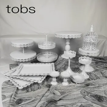 

White Tray Wrought Iron Cake Stand Wedding Props Table Ornaments Lace Cake Plate Fruit Dessert Cake Tools Tableware