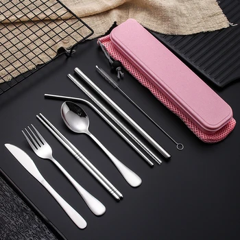 

9pcs/6pcs Stainless Steel Cutlery Set Silverware with Metal Straw Chopsticks Storage Case and Bag Spoon Set