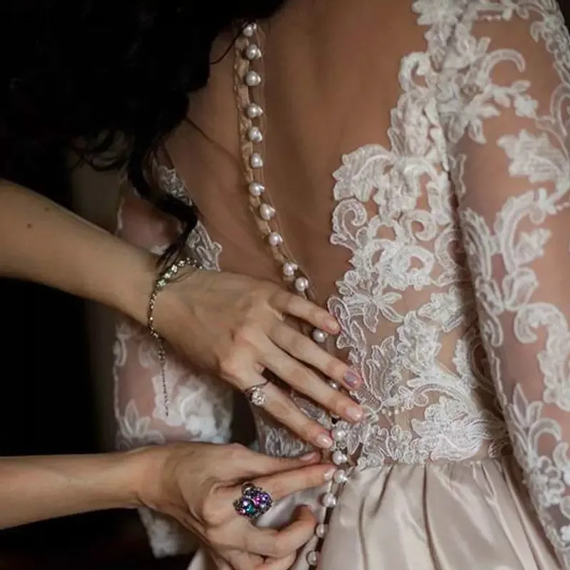 Vestidos De Noiva А-силуэт размера плюс Свадебные платья Кружева Половина рукава пуговицы сзади с карманом атласные свадебные платья Mariage
