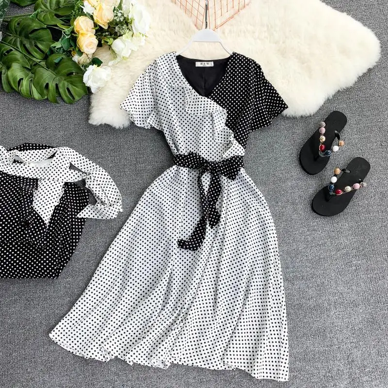

Women Chiffon Dress Retro Coloured Wave Point Ruffle V-collar Short Sleeve Casual Vestidos F214