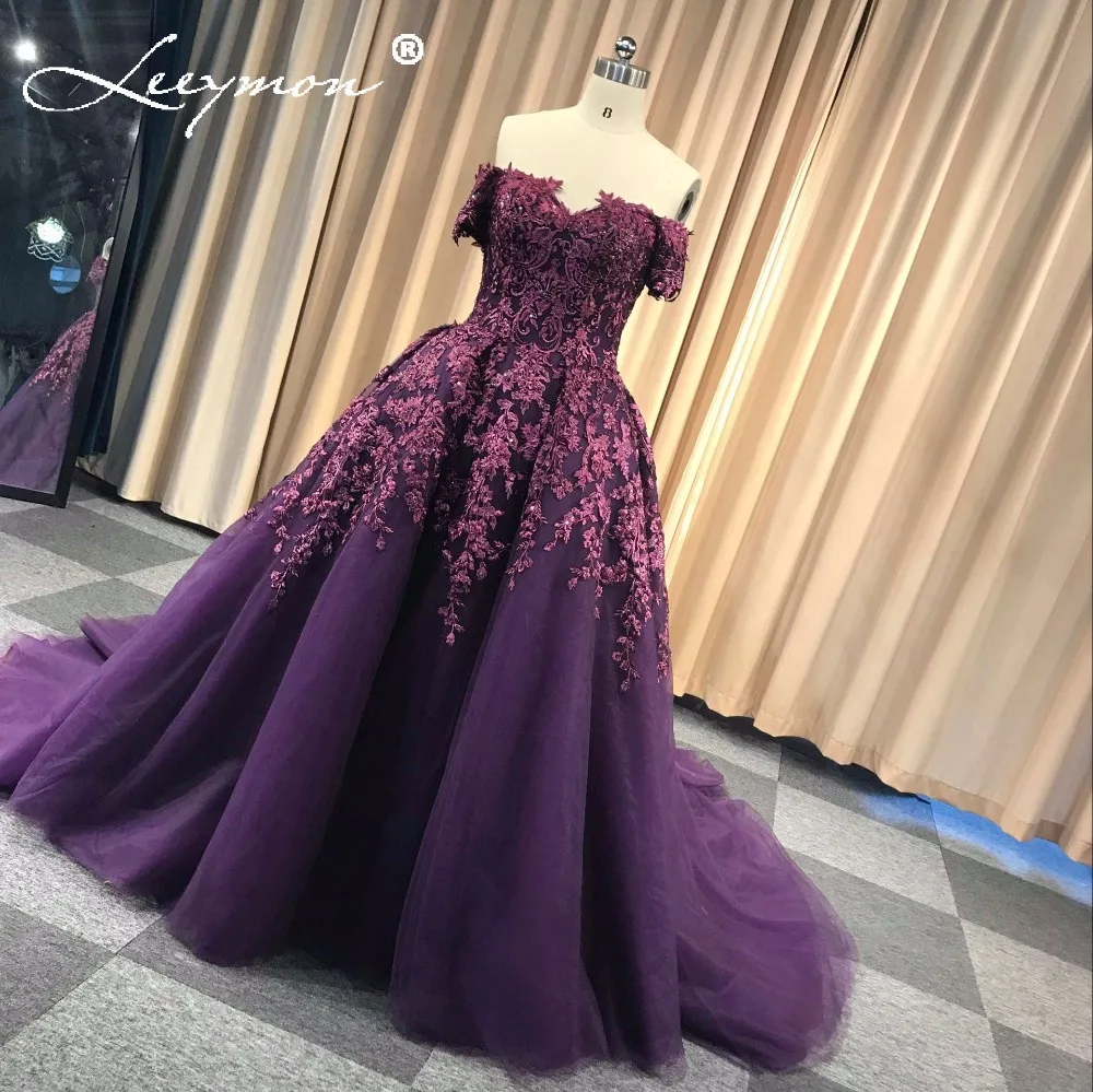 Purple Vestidos de Noiva Ball Gown Lace Evening Dress Long Off Shoulder Tulle Puffy Bride Gowns Casamento Mariage