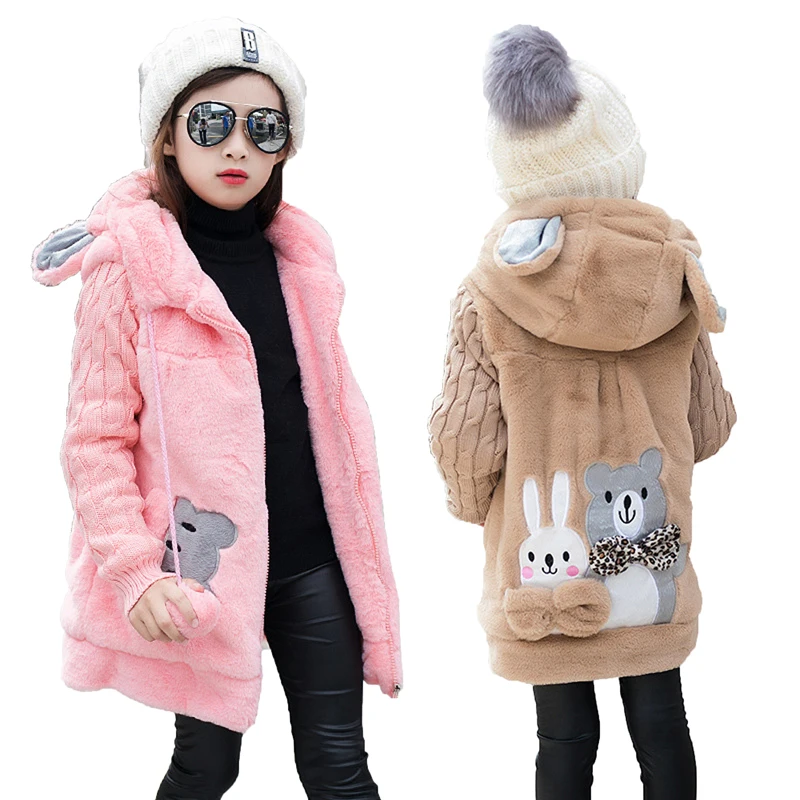 

2017 Lovely rabbit and little bear Winter Girls Faux Fur Fleece Coat Warm Jacket Xmas Snowsuit Outerwear Children kids Clothes