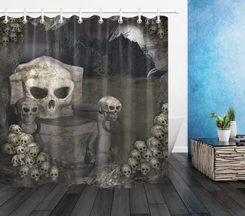 

72'' Bathroom Waterproof Fabric Shower Curtain 12 Hooks Bath Accessory Sets Halloween Dark Skeleton Throne Surrounded By Skulls