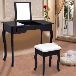 Giantex современный стол-трюмо набор зеркальная мебель для ванной комнаты с табуретом стол черный макияж комод стол HW56231BK