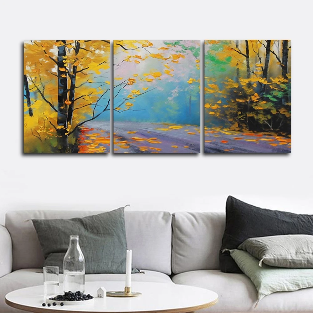 

Laeacco 3 Panel Natural Forest Posters and Prints Autumn Trees Wall Art Canvas Painting Nordic Home Decoration Living Room Decor