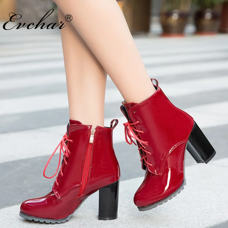 

EVCHAR new pu Patent leather Thick Heel super High Heels short plush Boots Ankle lace-up Boots for Women sexy Shoes size 32-50