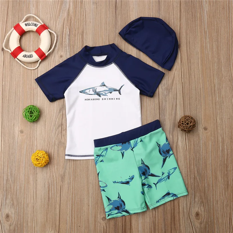 

3pcs Toddler Baby Kids Boys Shark Swimwear Surfing Swimsuit Beachwear Boys Rash Guard Tops and Shorts Bathing Suit