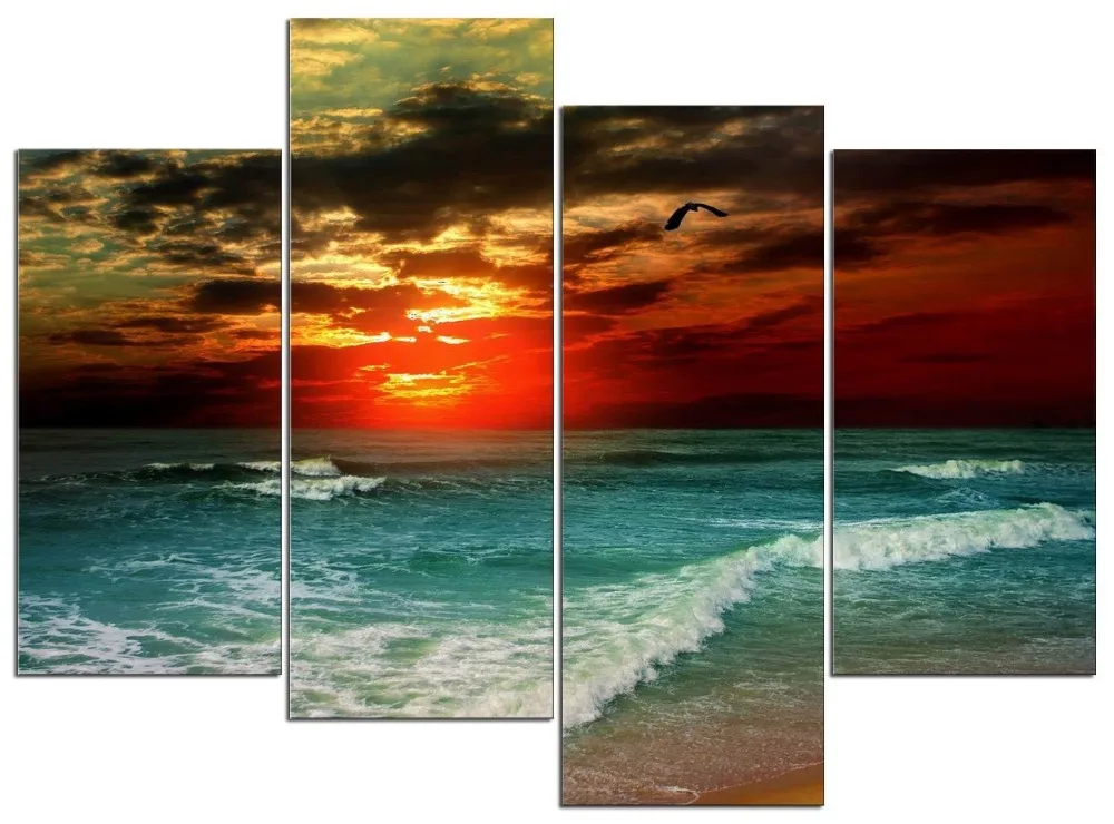 

4 pieces / set of seaside sunset painting art wall living room decoration canvas painting paint in the paint frame XJDC12-34