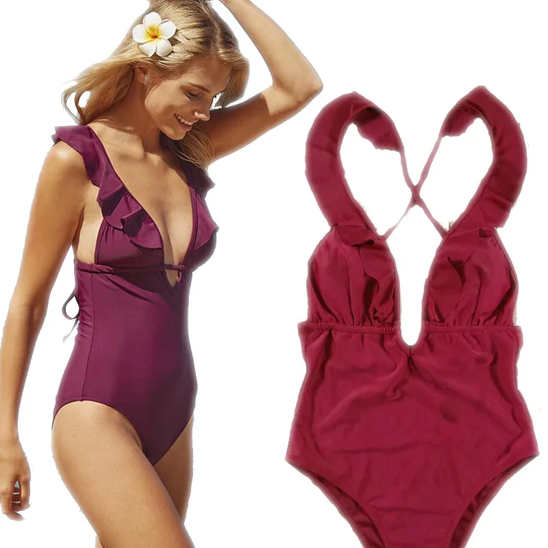 wine red one piece swimsuit