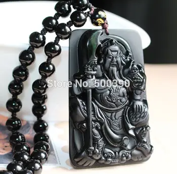 

Natural Mexico black Yao Jade Guan Gong Pendant Carved Amulet #2264