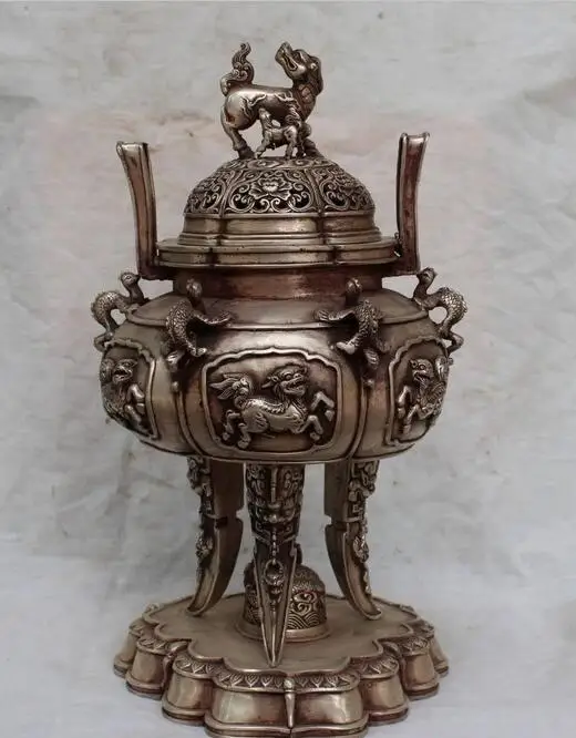 

free 13"Marked Chinese Silver Dragon Phoenix Kylin Foo Fu Dog 3 Layers Incense Burner fast