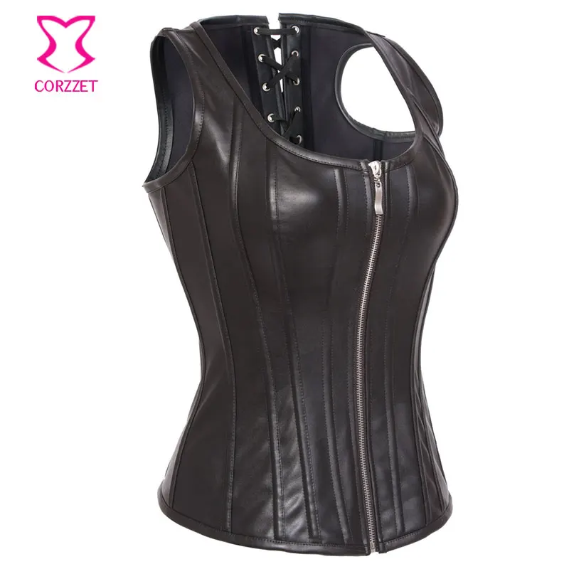 Steam Punk Rave Black Leather Vest Corset Zipper Waist Trainer Steel Boned Waist Slimming Corsets Gothic Korset Overbust Bustier