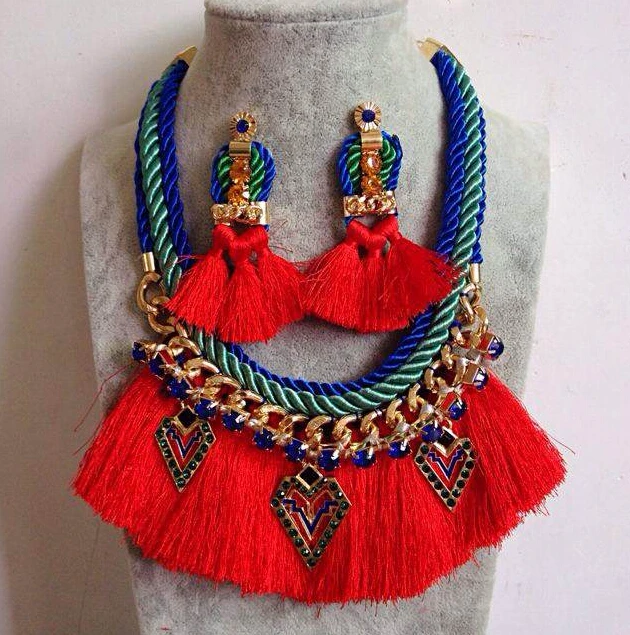 Ethnic Bohemia Ribbon Gold Link Rope Chain Crystal Charms Red Thread Tassels Choker Necklace & Earring Tribal Gypsy Jewelry Set Ethnic Bohemia Ribbon Gold Link Rope Chain Crystal Charms Red Thread Tassels Choker Necklace & Earring Tribal Gypsy Jewelry Set