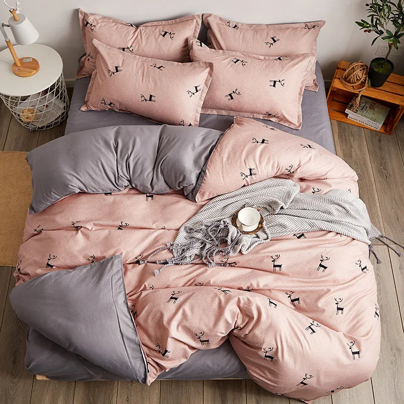 2020 reversible bedding set Pastoral duvet cover flat sheet modern bed linen pink black reindeer bed set AB side home decor bed