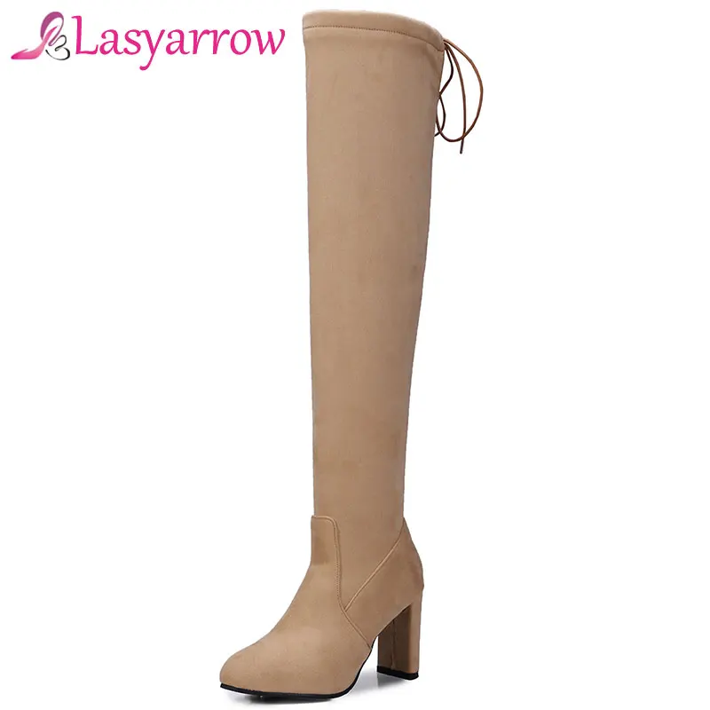 

Lasyarrow Stretch Botas Mujer Chunky High Heels Lace Up Shoes Woman Over-the-Knee Boots Winter Fashion Sexy Thigh High Boots