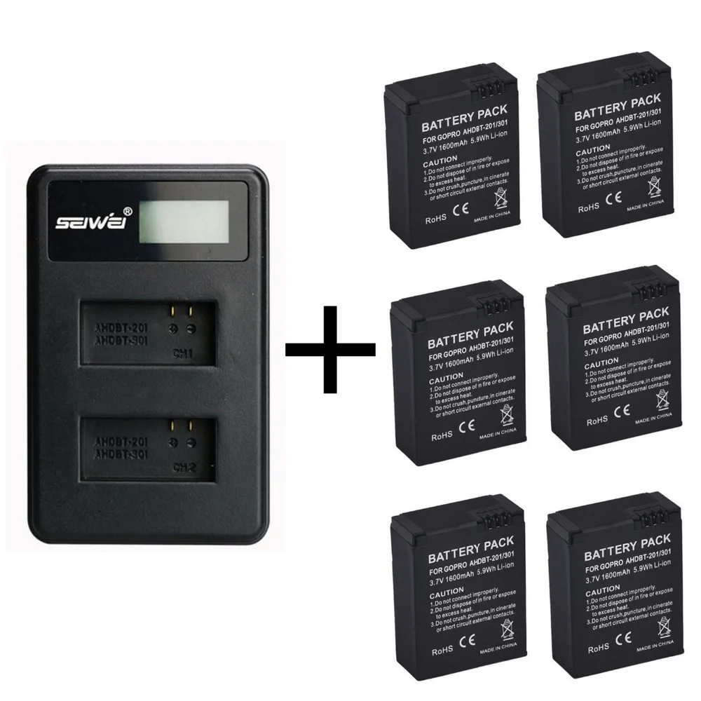 

6 pcs 1600mAh GoPro AHDBT-201/301 Camera Battery with battery charger for Gopro Hero 3 3+ battery for go pro Accessories